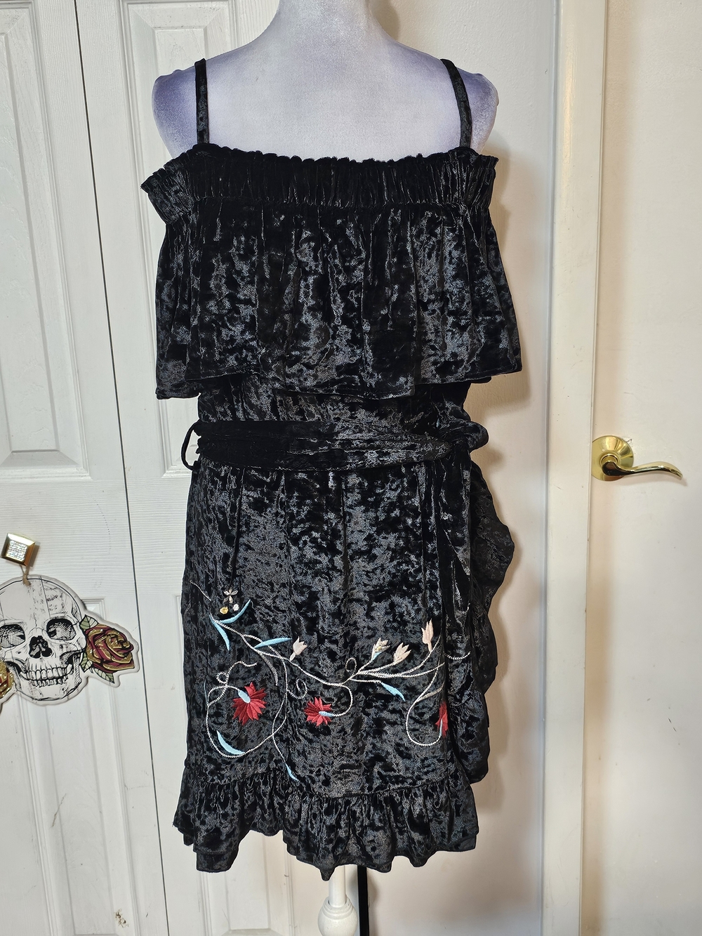 Umgee Black Velvet Mini Skirt with Floral Embroidery